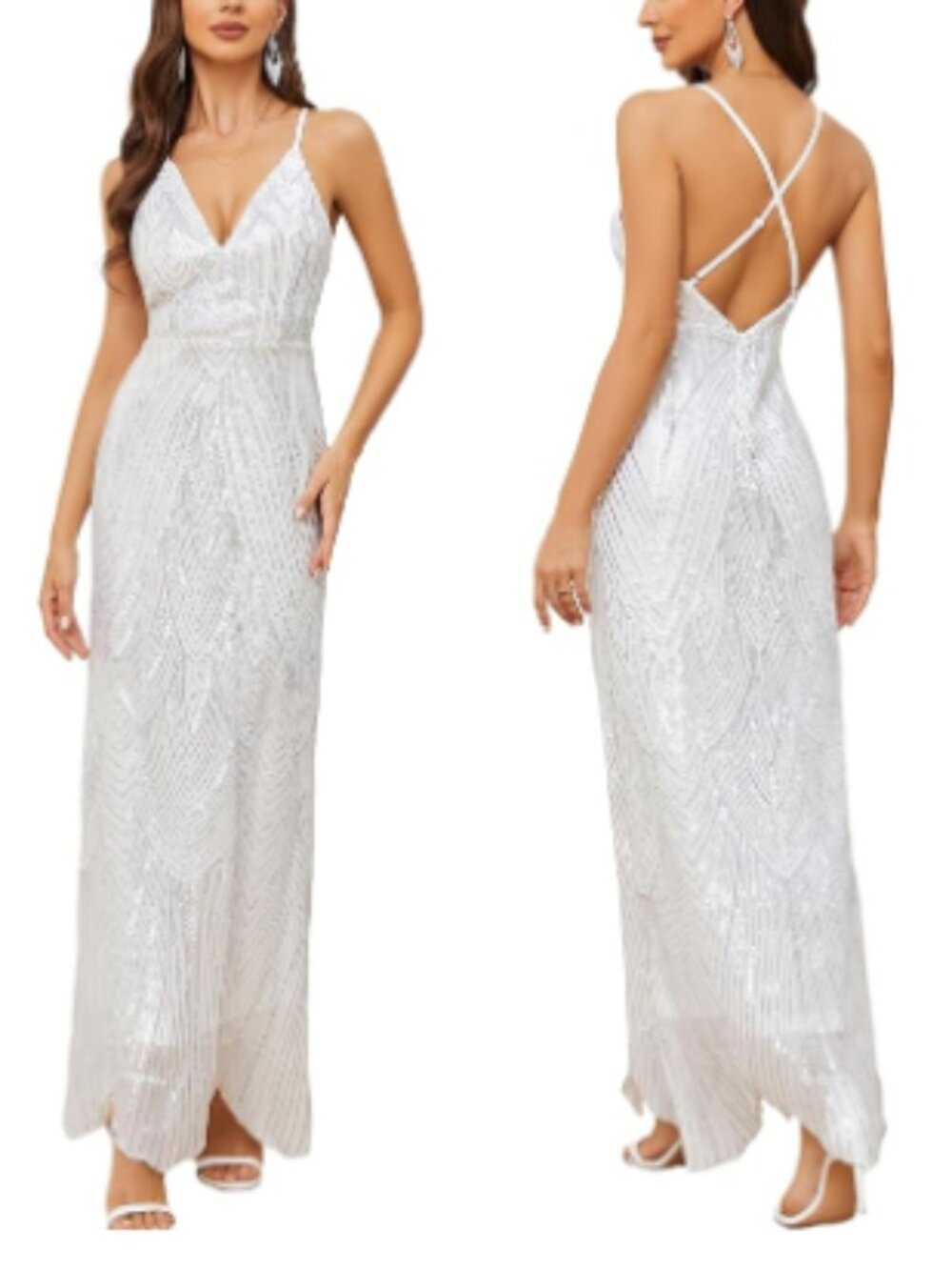White and silver sequin maxi dress